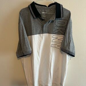 DKNY Gray and White Polo Shirt Casual Athletic Wear
